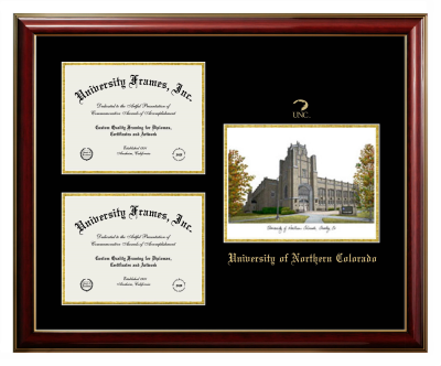 University of Northern Colorado Triple Opening with Campus Image Frame in Classic Mahogany with Gold Trim with Black & Gold Mats for document: 8 1/2"h x 11"w  , document: 8 1/2"h x 11"w  