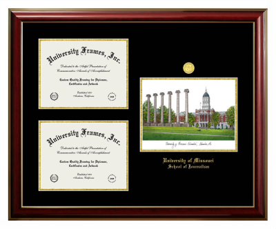 University of Missouri School of Journalism Triple Opening with Campus Image Frame in Classic Mahogany with Gold Trim with Black & Gold Mats for document: 8 1/2"h x 11"w  , document: 8 1/2"h x 11"w  