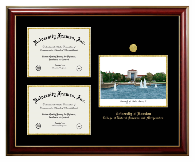 University of Houston College of Natural Sciences and Mathematics Triple Opening with Campus Image Frame in Classic Mahogany with Gold Trim with Black & Gold Mats for document: 8 1/2"h x 11"w  , document: 8 1/2"h x 11"w  