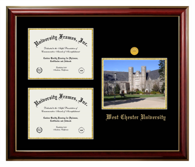 West Chester University Triple Opening with Campus Image Frame in Classic Mahogany with Gold Trim with Black & Gold Mats for document: 8 1/2"h x 11"w  , document: 8 1/2"h x 11"w  