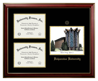 Valparaiso University Triple Opening with Campus Image Frame in Classic Mahogany with Gold Trim with Black & Gold Mats for document: 8 1/2"h x 11"w  , document: 8 1/2"h x 11"w  