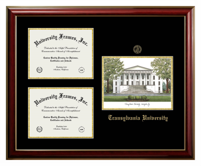 Transylvania University Triple Opening with Campus Image Frame in Classic Mahogany with Gold Trim with Black & Gold Mats for document: 8 1/2"h x 11"w  , document: 8 1/2"h x 11"w  