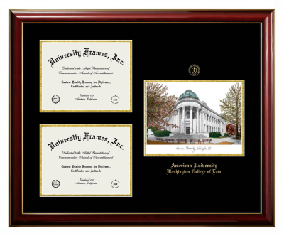 American University Washington College of Law Triple Opening with Campus Image Frame in Classic Mahogany with Gold Trim with Black & Gold Mats for document: 8 1/2"h x 11"w  , document: 8 1/2"h x 11"w  