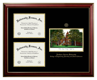 Northern Arizona University College of Engineering, Forestry and Natural Sciences Triple Opening with Campus Image Frame in Classic Mahogany with Gold Trim with Black & Gold Mats for document: 8 1/2"h x 11"w  , document: 8 1/2"h x 11"w  