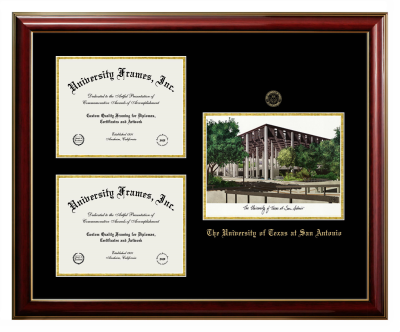 University of Texas at San Antonio Triple Opening with Campus Image Frame in Classic Mahogany with Gold Trim with Black & Gold Mats for document: 8 1/2"h x 11"w  , document: 8 1/2"h x 11"w  