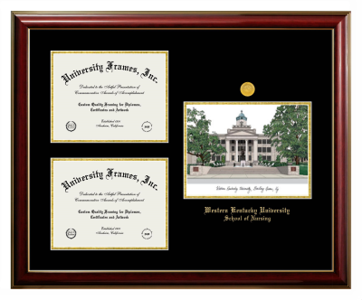 Western Kentucky University School of Nursing Triple Opening with Campus Image Frame in Classic Mahogany with Gold Trim with Black & Gold Mats for document: 8 1/2"h x 11"w  , document: 8 1/2"h x 11"w  