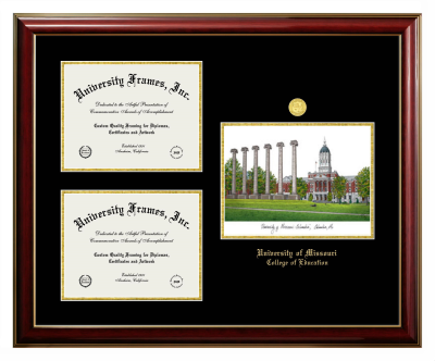University of Missouri College of Education Triple Opening with Campus Image Frame in Classic Mahogany with Gold Trim with Black & Gold Mats for document: 8 1/2"h x 11"w  , document: 8 1/2"h x 11"w  