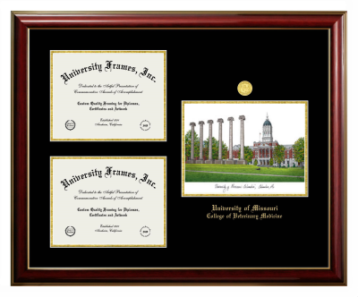 University of Missouri College of Veterinary Medicine Triple Opening with Campus Image Frame in Classic Mahogany with Gold Trim with Black & Gold Mats for document: 8 1/2"h x 11"w  , document: 8 1/2"h x 11"w  
