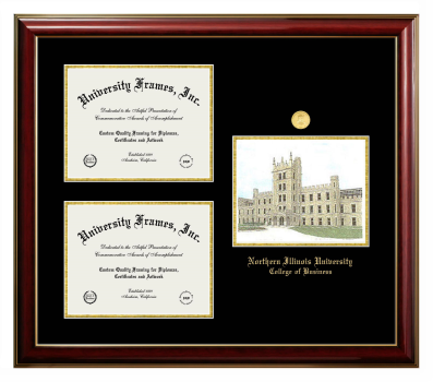 Northern Illinois University College of Business Triple Opening with Campus Image Frame in Classic Mahogany with Gold Trim with Black & Gold Mats for document: 8 1/2"h x 11"w  , document: 8 1/2"h x 11"w  