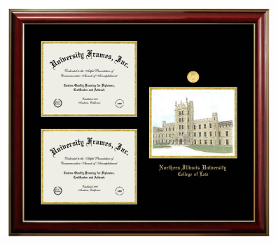 Northern Illinois University College of Law Triple Opening with Campus Image Frame in Classic Mahogany with Gold Trim with Black & Gold Mats for document: 8 1/2"h x 11"w  , document: 8 1/2"h x 11"w  