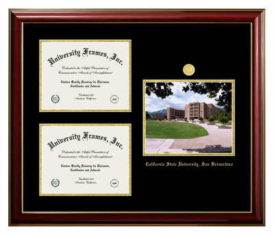 California State University, San Bernardino Triple Opening with Campus Image Frame in Classic Mahogany with Gold Trim with Black & Gold Mats for document: 8 1/2"h x 11"w  , document: 8 1/2"h x 11"w  