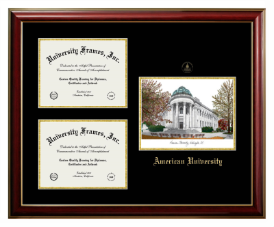 American University Triple Opening with Campus Image Frame in Classic Mahogany with Gold Trim with Black & Gold Mats for document: 8 1/2"h x 11"w  , document: 8 1/2"h x 11"w  