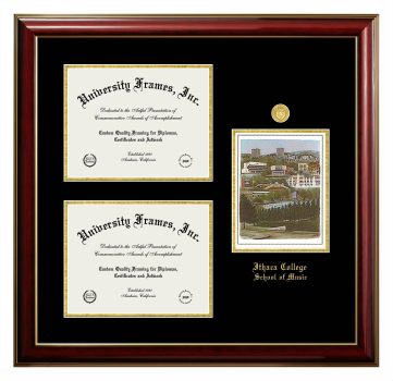Ithaca College School of Music Triple Opening with Campus Image Frame in Classic Mahogany with Gold Trim with Black & Gold Mats for document: 8 1/2"h x 11"w  , document: 8 1/2"h x 11"w  