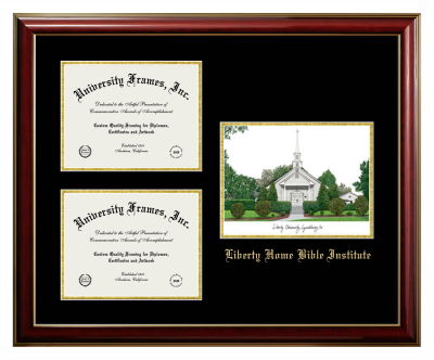 Liberty Home Bible Institute Triple Opening with Campus Image Frame in Classic Mahogany with Gold Trim with Black & Gold Mats for document: 8 1/2"h x 11"w  , document: 8 1/2"h x 11"w  