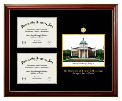 University of Southern Mississippi College of Arts & Letters Triple Opening with Campus Image Frame in Classic Mahogany with Gold Trim with Black & Gold Mats for document: 8 1/2"h x 11"w  , document: 8 1/2"h x 11"w  
