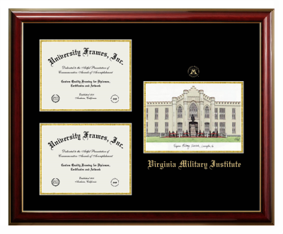 Virginia Military Institute Triple Opening with Campus Image Frame in Classic Mahogany with Gold Trim with Black & Gold Mats for document: 8 1/2"h x 11"w  , document: 8 1/2"h x 11"w  