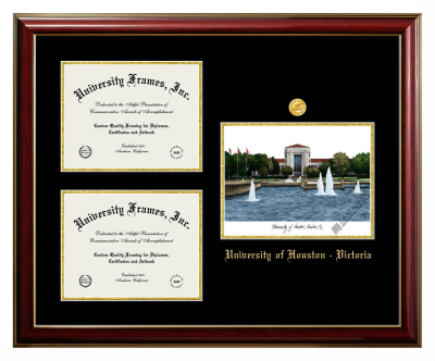 University of Houston - Victoria Triple Opening with Campus Image Frame in Classic Mahogany with Gold Trim with Black & Gold Mats for document: 8 1/2"h x 11"w  , document: 8 1/2"h x 11"w  