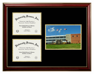 Edward Via Virginia College of Osteopathic Medicine Triple Opening with Campus Image Frame in Classic Mahogany with Gold Trim with Black & Gold Mats for document: 8 1/2"h x 11"w  , document: 8 1/2"h x 11"w  