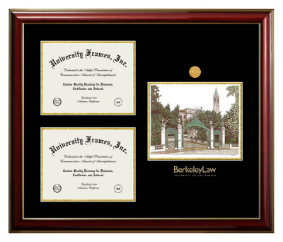 University of California Berkeley Law Triple Opening with Campus Image Frame in Classic Mahogany with Gold Trim with Black & Gold Mats for document: 8 1/2"h x 11"w  , document: 8 1/2"h x 11"w  