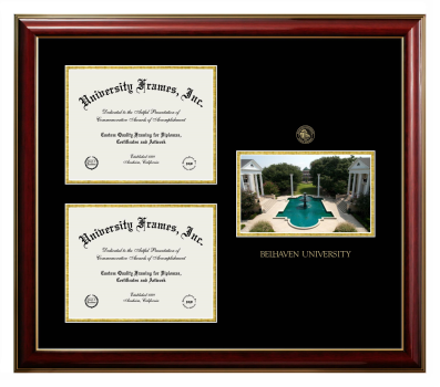 Belhaven University Triple Opening with Campus Image Frame in Classic Mahogany with Gold Trim with Black & Gold Mats for document: 8 1/2"h x 11"w  , document: 8 1/2"h x 11"w  