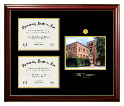 University of Southern California Thornton School of Music Triple Opening with Campus Image Frame in Classic Mahogany with Gold Trim with Black & Gold Mats for document: 8 1/2"h x 11"w  , document: 8 1/2"h x 11"w  