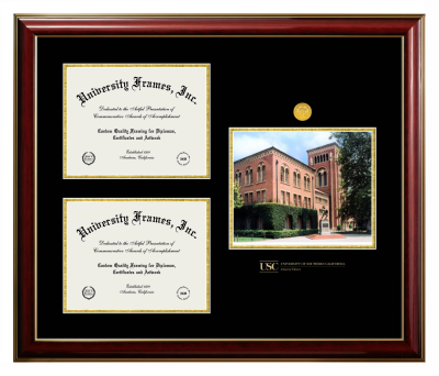 University of Southern California School of Theatre Triple Opening with Campus Image Frame in Classic Mahogany with Gold Trim with Black & Gold Mats for document: 8 1/2"h x 11"w  , document: 8 1/2"h x 11"w  