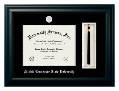 Middle Tennessee State University Diploma with Tassel Box Frame in Satin Black with Black & Silver Mats for document: 8 1/2"h x 11"w  