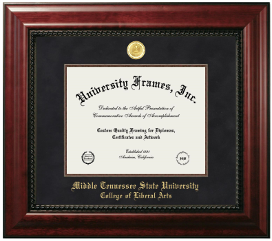 Middle Tennessee State University College of Liberal Arts Diploma Frame in Executive with Mahogany Fillet with Black Suede Mat for document: 8 1/2"h x 11"w  