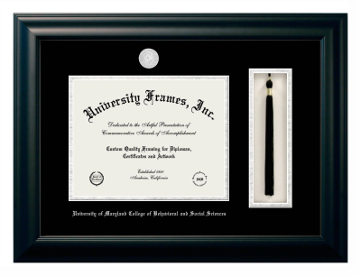 University of Maryland College of Behavioral and Social Sciences Diploma with Tassel Box Frame in Satin Black with Black & Silver Mats for document: 8 1/2"h x 11"w  