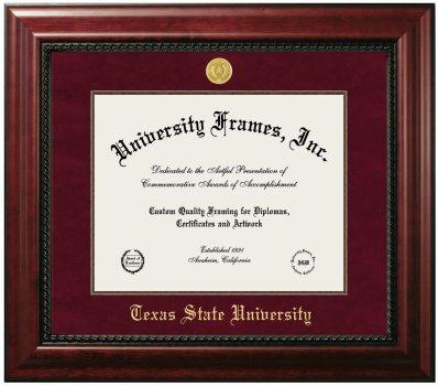 Texas State University Diploma Frame in Executive with Mahogany Fillet with Maroon Suede Mat for document: 11"h x 14"w  