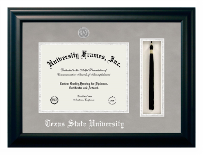 Texas State University Diploma with Tassel Box Frame in Satin Black with Gray Suede & Silver Mats for document: 8 1/2"h x 11"w  