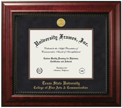 Texas State University College of Fine Arts & Communication Diploma Frame in Executive with Mahogany Fillet with Black Suede Mat for document: 8 1/2"h x 11"w  