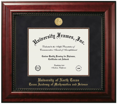 University of North Texas Texas Academy of Mathematics and Science Diploma Frame in Executive with Mahogany Fillet with Black Suede Mat for document: 8 1/2"h x 11"w  