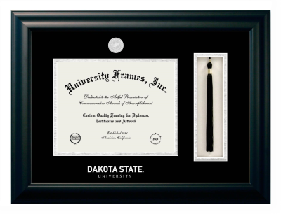 Dakota State University Diploma with Tassel Box Frame in Satin Black with Black & Silver Mats for document: 8 1/2"h x 11"w  