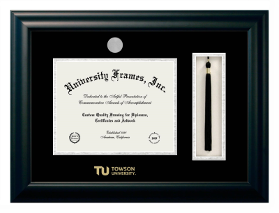 Towson University Diploma with Tassel Box Frame in Satin Black with Black & Silver Mats for document: 8 1/2"h x 11"w  