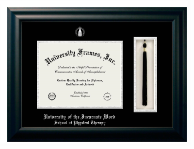 University of the Incarnate Word School of Physical Therapy Diploma with Tassel Box Frame in Satin Black with Black & Silver Mats for document: 8 1/2"h x 11"w  