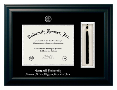 Campbell University Norman Adrian Wiggins School of Law Diploma with Tassel Box Frame in Satin Black with Black & Silver Mats for document: 8 1/2"h x 11"w  