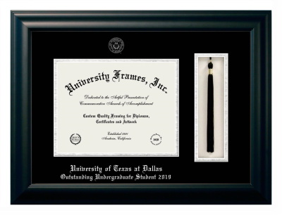 University of Texas at Dallas Outstanding Undergraduate Student 2019 Diploma with Tassel Box Frame in Satin Black with Black & Silver Mats for document: 8 1/2"h x 11"w  