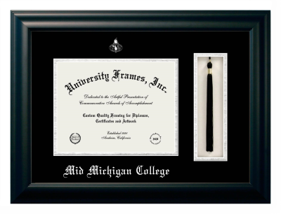 Mid Michigan College Diploma with Tassel Box Frame in Satin Black with Black & Silver Mats for document: 8 1/2"h x 11"w  