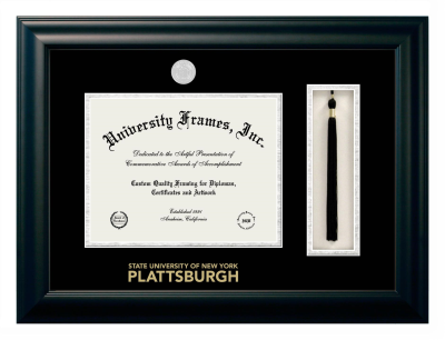 Plattsburgh State University (SUNY Plattsburgh) Diploma with Tassel Box Frame in Satin Black with Black & Silver Mats for document: 8 1/2"h x 11"w  