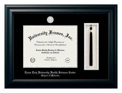 Texas Tech University Health Sciences Center School of Medicine Diploma with Tassel Box Frame in Satin Black with Black & Silver Mats for document: 8 1/2"h x 11"w  