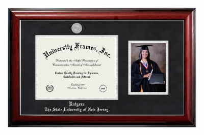 Rutgers The State University of New Jersey Diploma with 5 x 7 Portrait Frame in Classic Mahogany with Silver Trim with Black Suede & Silver Mats for document: 8 1/2"h x 11"w  
