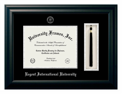 Regent International University Diploma with Tassel Box Frame in Satin Black with Black & Silver Mats for document: 8 1/2"h x 11"w  