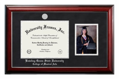 Bowling Green State University College of Musical Arts Diploma with 5 x 7 Portrait Frame in Classic Mahogany with Silver Trim with Black Suede & Silver Mats for document: 8 1/2"h x 11"w  