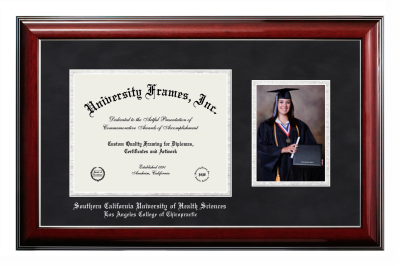 Southern California University of Health Sciences Los Angeles College of Chiropractic Diploma with 5 x 7 Portrait Frame in Classic Mahogany with Silver Trim with Black Suede & Silver Mats for document: 8 1/2"h x 11"w  