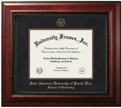 Inter American University of Puerto Rico School of Optometry Diploma Frame in Executive with Mahogany Fillet with Black Suede Mat for document: 8 1/2"h x 11"w  