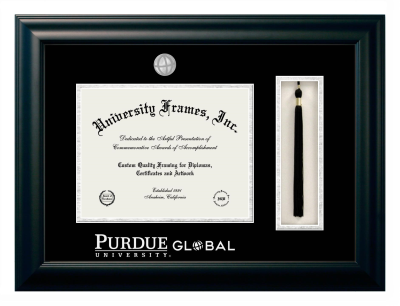 Purdue University Global Diploma with Tassel Box Frame in Satin Black with Black & Silver Mats for document: 8 1/2"h x 11"w  