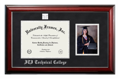 ITI Technical College Diploma with 5 x 7 Portrait Frame in Classic Mahogany with Silver Trim with Black Suede & Silver Mats for document: 8 1/2"h x 11"w  