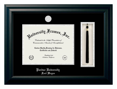 Purdue University Fort Wayne Diploma with Tassel Box Frame in Satin Black with Black & Silver Mats for document: 8 1/2"h x 11"w  