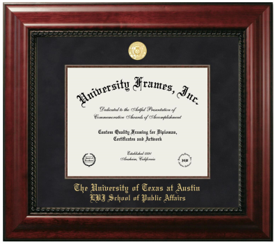 University of Texas at Austin LBJ School of Public Affairs Diploma Frame in Executive with Mahogany Fillet with Black Suede Mat for document: 8 1/2"h x 11"w  
